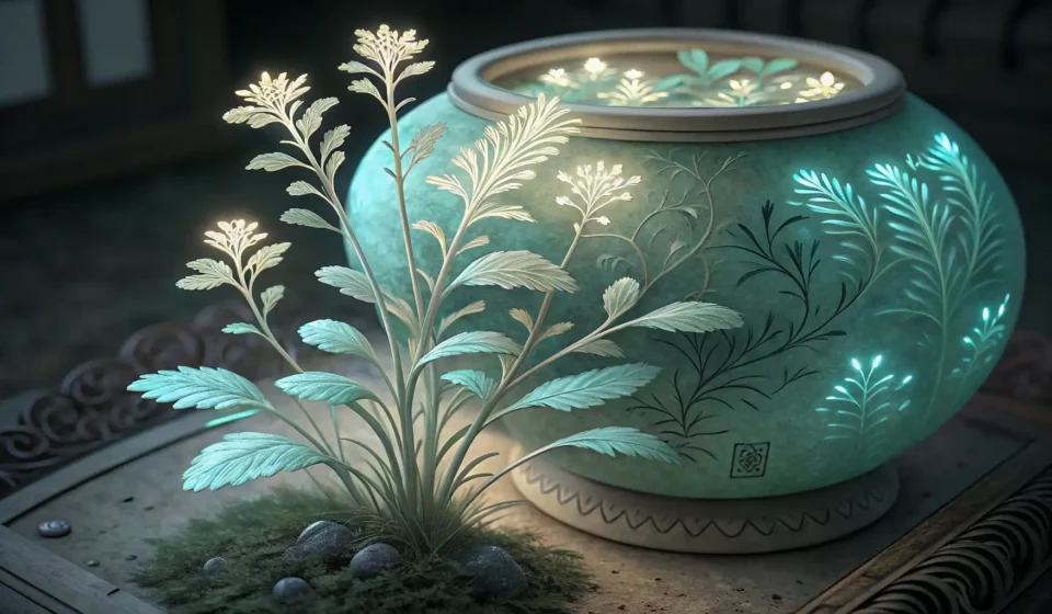 Inquiring About Paradoxical Cures in Korean Glowing fantasy herbs in a traditional Korean ceramic bowl, symbolizing learning Korean phrases for...