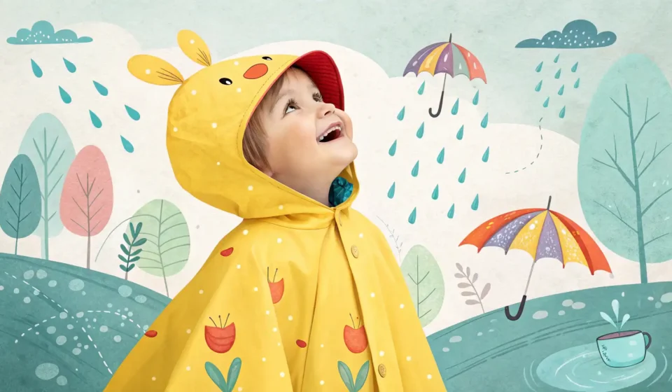 How to Convince Your Child to Wear a Rain Poncho in Korean Illustration of a happy child wearing a rain poncho in a park during rain, with a parent's hand near...