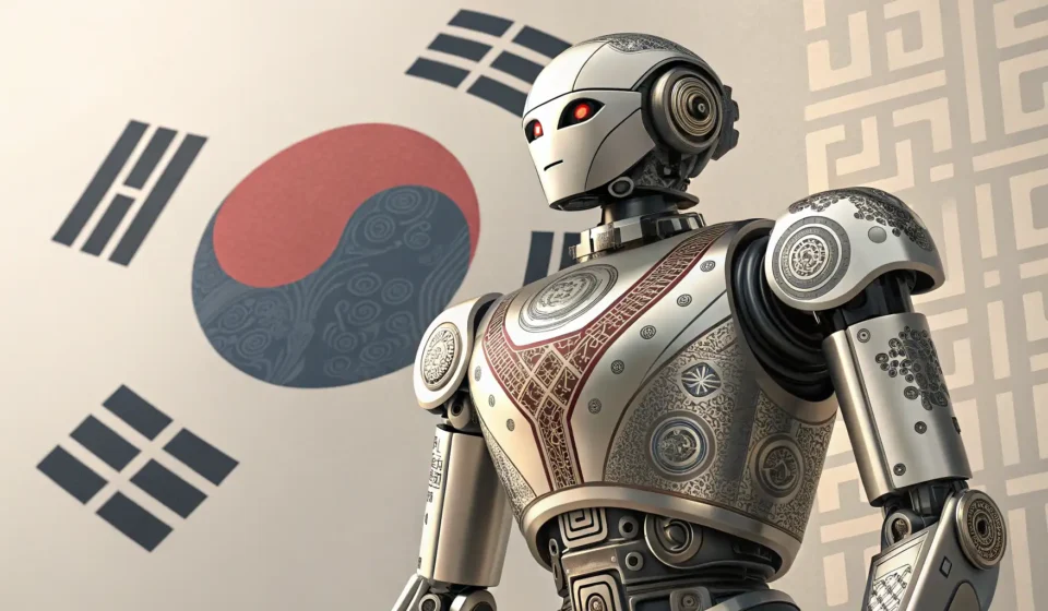 How to Say “A robot poet debating a sentient scroll about writing with digital dreams” in Korean Stylized illustration of a futuristic robot with Korean design elements debating a glowing, ancient...