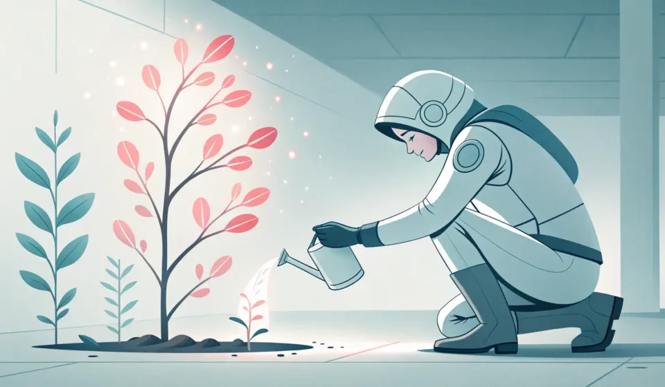 How to Express “A Space Farmer Negotiating with a Cosmic Wind for Gentler Pollination” in Korean Stylized illustration: futuristic figure tends glowing plants on asteroid fragment amidst swirling c...