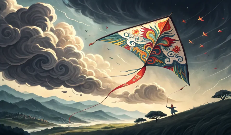 How to Say “A sentient storm convincing a kite maker to dance with thunder strings” in Korean Stylized illustration of a traditional Korean kite flying amidst dark, swirling storm clouds with li...