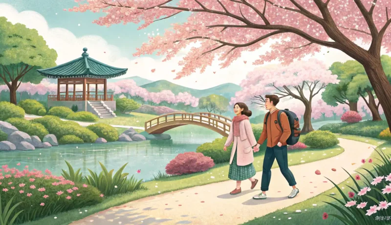 Taking a Walk in the Park in Korean Illustration of a couple enjoying a walk on a path through a scenic Korean park with trees, flowers,...