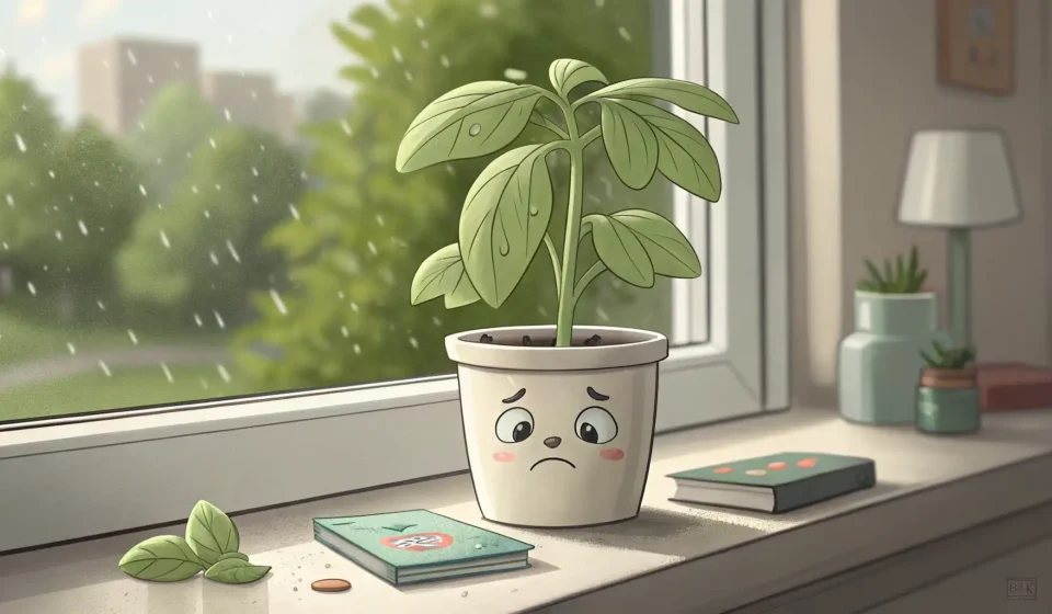 Joking About Failed Indoor Herb Gardens in Korean A cute illustration shows a single potted herb wilting slightly on a windowsill, symbolizing a faile...