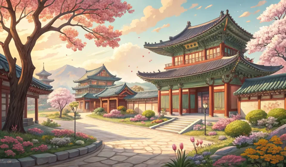 Visiting Historical Palaces in Korea Illustration of a visitor in Hanbok admiring a beautiful historical Korean palace, representing lear...