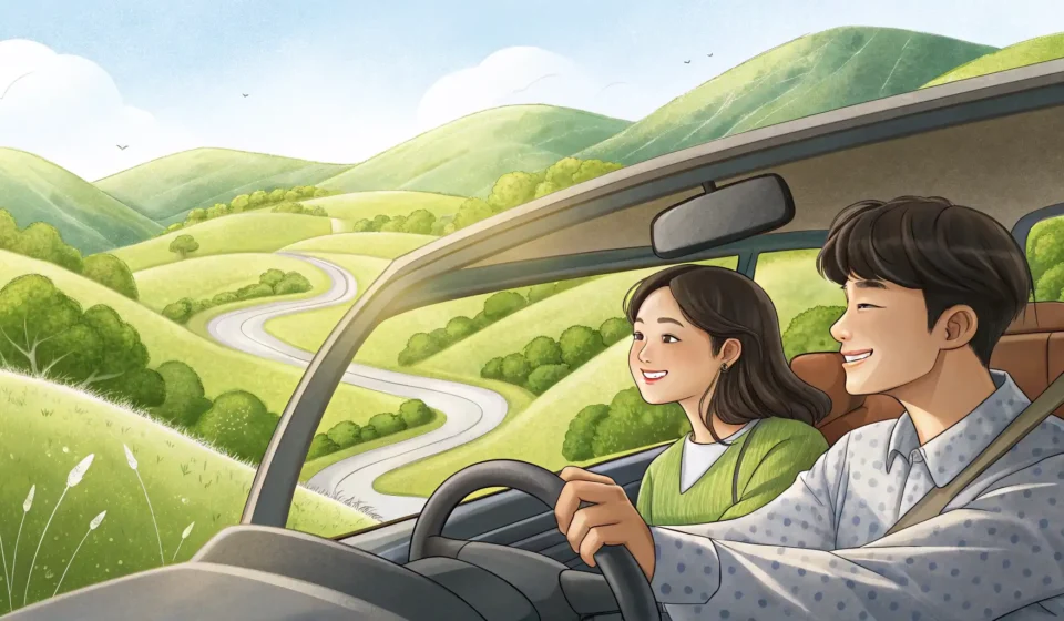 Planning a Picnic Drive in Korean Illustration of a Korean couple driving through the countryside, planning a picnic, representing Kor...
