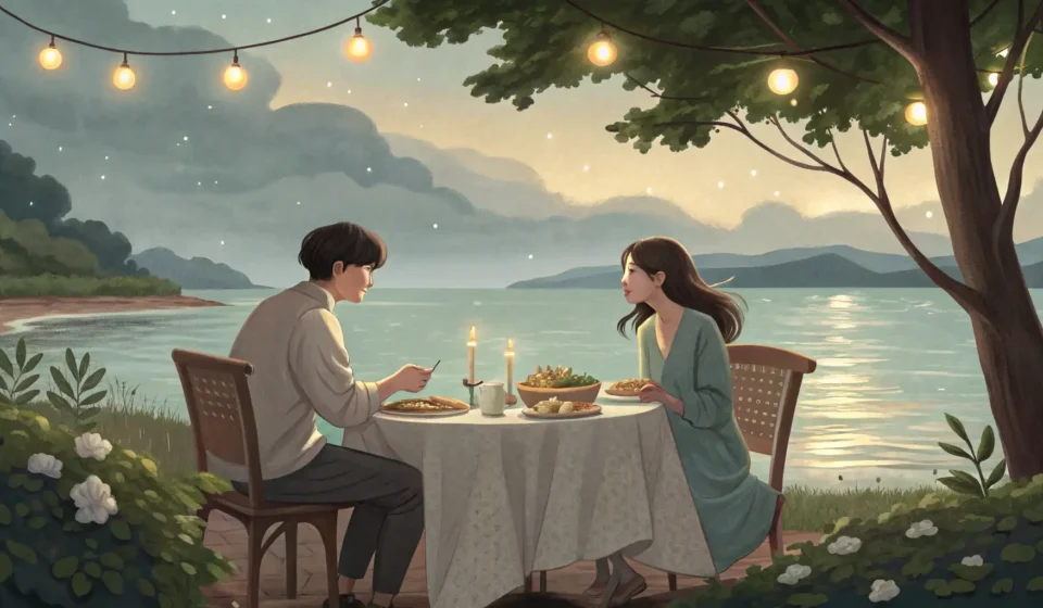 Planning a Weekend Boat Trip in Korean A young Korean couple enjoys dinner by the sea at sunset, subtly suggesting plans for a boat trip wi...