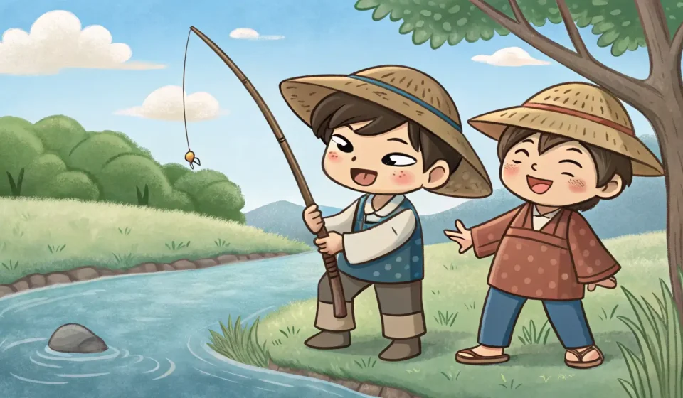 Teasing a Friend About a Bad Fishing Trip in Korean Illustration showing one friend laughing at another friend who caught no fish, representing Korean p...