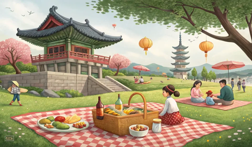 Discussing Picnic Sandwich Choices in Korean Colorful picnic blanket with various sandwich ingredients like tuna, ham, cheese, and bread laid out...