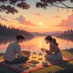 Understanding Korean TV Programs Illustration of a Korean couple having a romantic picnic dinner by a lake at sunset, with a kayak ne...