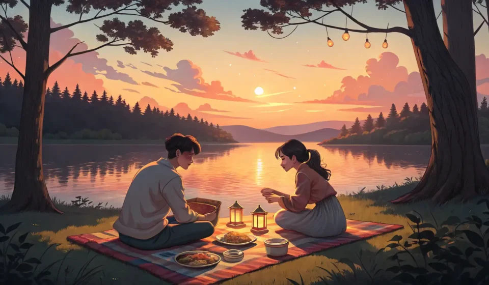 How to Talk About Planning a Kayaking Trip by the Lake in Korean Illustration of a Korean couple having a romantic picnic dinner by a lake at sunset, with a kayak ne...