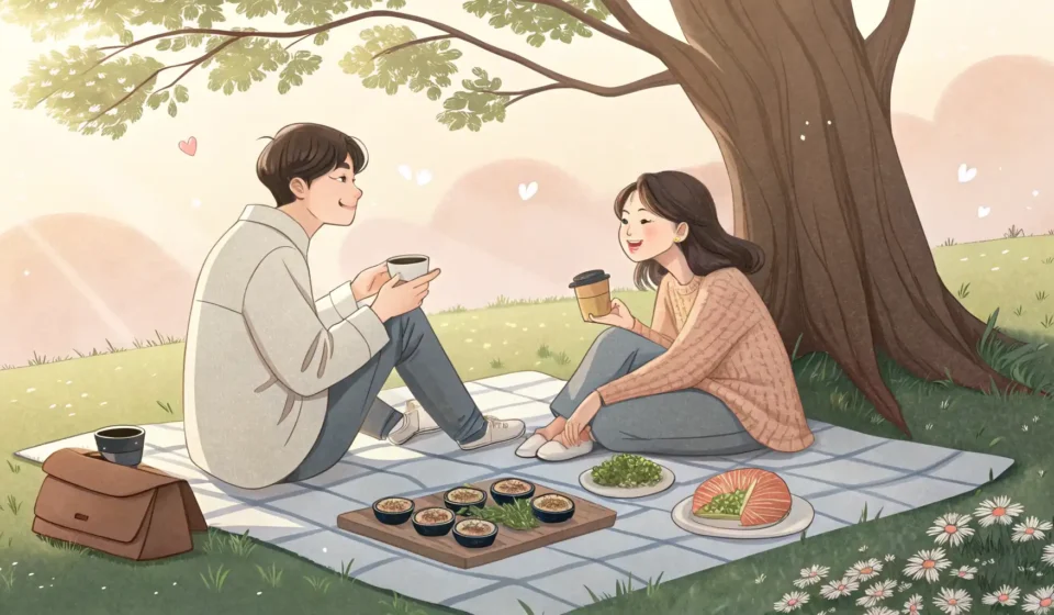 How to Talk About Planning a Bike Ride Over Breakfast in Korean Illustration of a young Korean couple having an outdoor breakfast picnic with bicycles nearby, symbo...