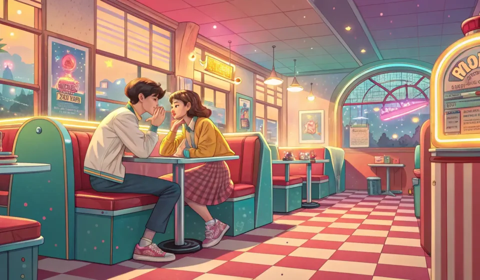 Planning a Day Trip Over Breakfast in Korean Illustration of a young Korean couple planning a day trip over breakfast at a diner, looking happily...