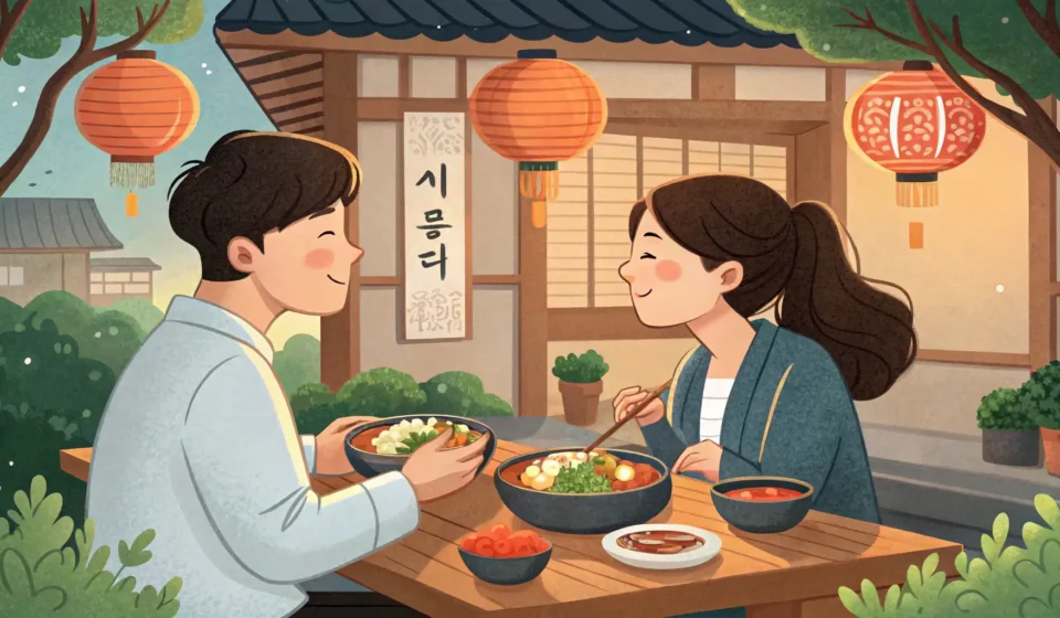 Planning a Day Hike in Korean A young Korean couple sits at a table with Korean food, looking intently at a hiking map spread betw...