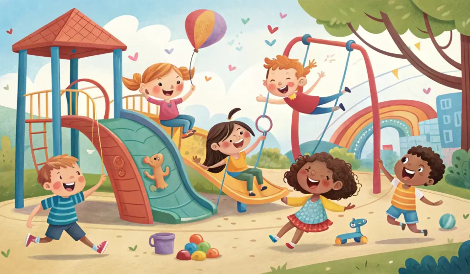 How to Talk to Children at the Playground in Korean Illustration of happy children playing together in a Korean playground, representing learning how to...
