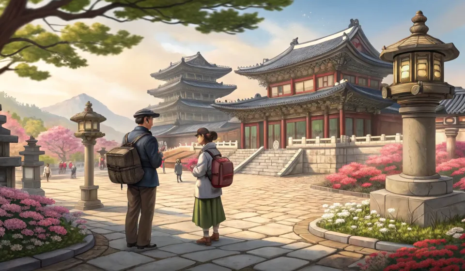 Asking About Old Market Days at a Famous Korean Plaza Illustration of a tourist and guide in a historic Korean plaza, discussing its past as a marketplace...