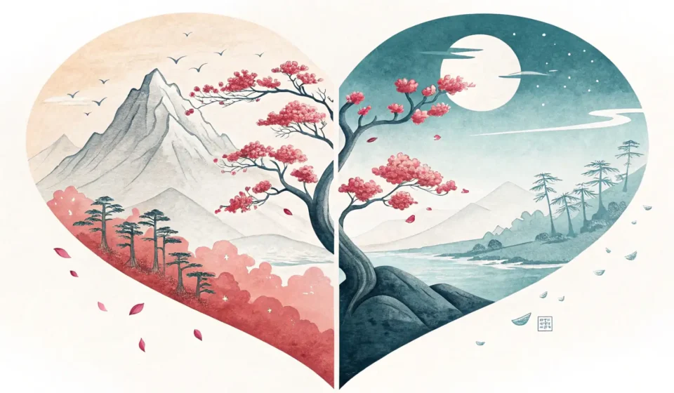 Expressing Poetic Concepts: Cyborgs and Human Hearts in Korean A symbolic heart split in two against a misty Korean mountain backdrop: one half resembles a Korean...