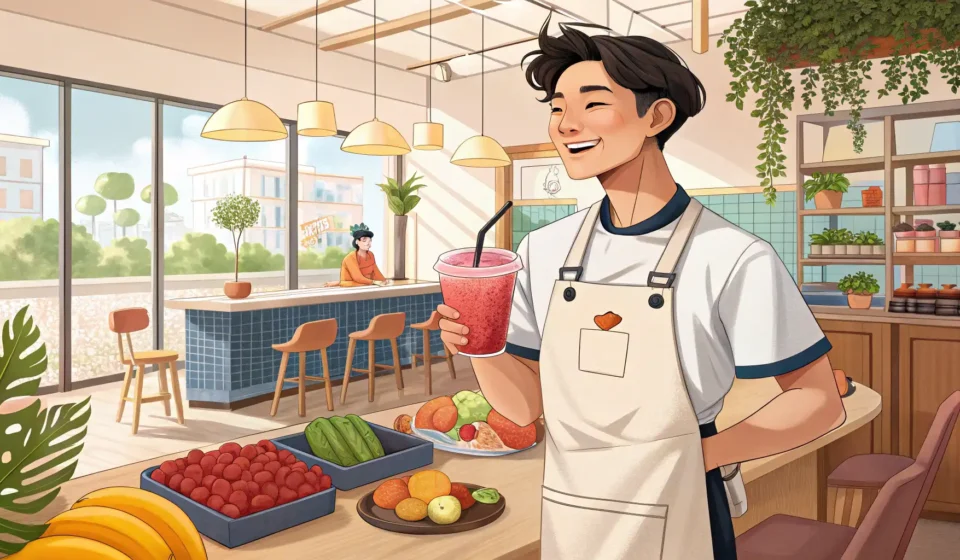 Ordering a Post-Workout Smoothie in Korean A Korean barista recommending a colourful smoothie to a customer in workout clothes at a cafe counte...