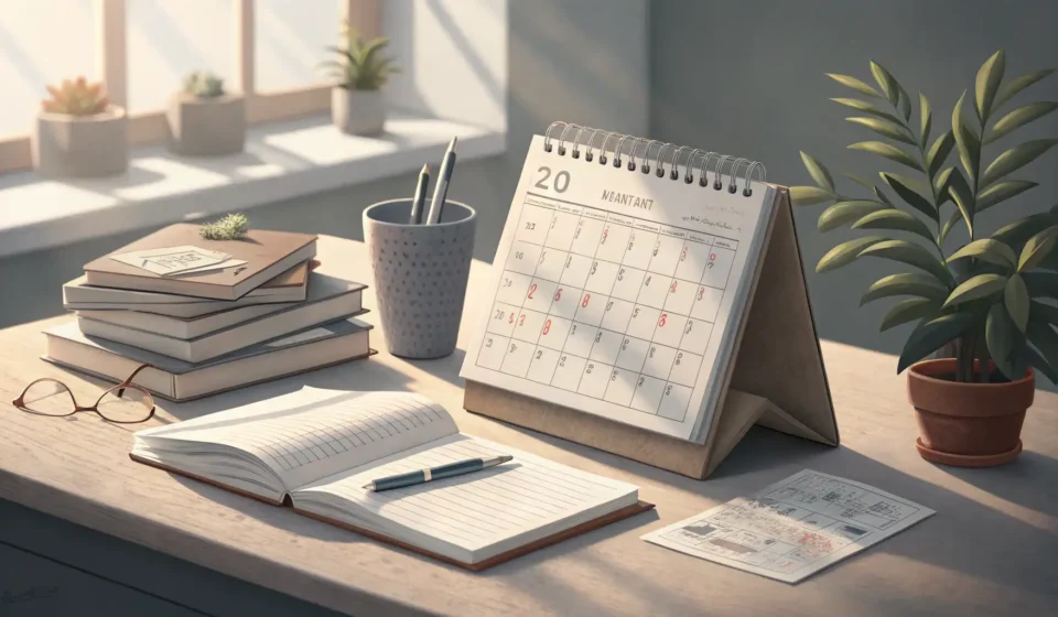 Asking Your Professor About a Research Paper Deadline in Korean Illustration of a professor's desk with research papers and a calendar marked with a deadline, symbo...