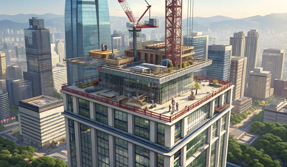 How to Say 기성금 in Korean Modern Korean building under construction, symbolizing progress payments (gi-seong-geum) in finance...