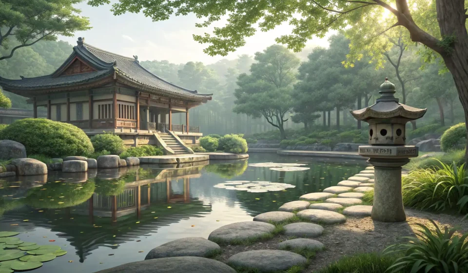 How to Say Psychogenic Abdominal Pain in Korean Serene Korean temple garden reflected in a pond with subtle ripples disturbing the water's surface,...