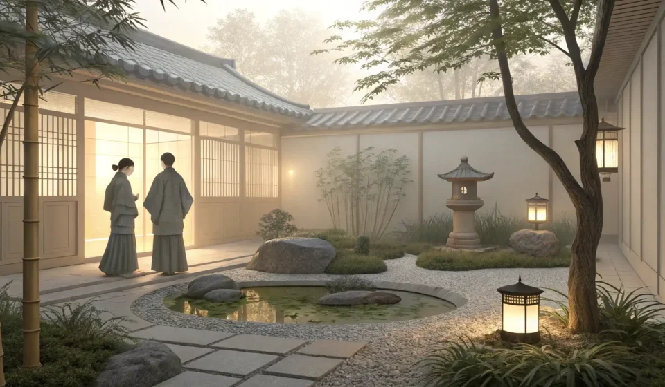 Getting Psychological Counseling in Korea Illustration of a calm Korean garden symbolizing mental well-being support, for a guide on getting p...