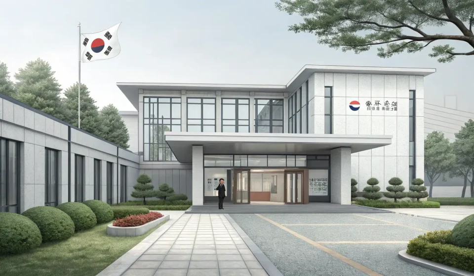Learning Procedures for Visiting Public Institutions in Korean Illustration of the entrance to a modern Korean public office building, representing learning proced...