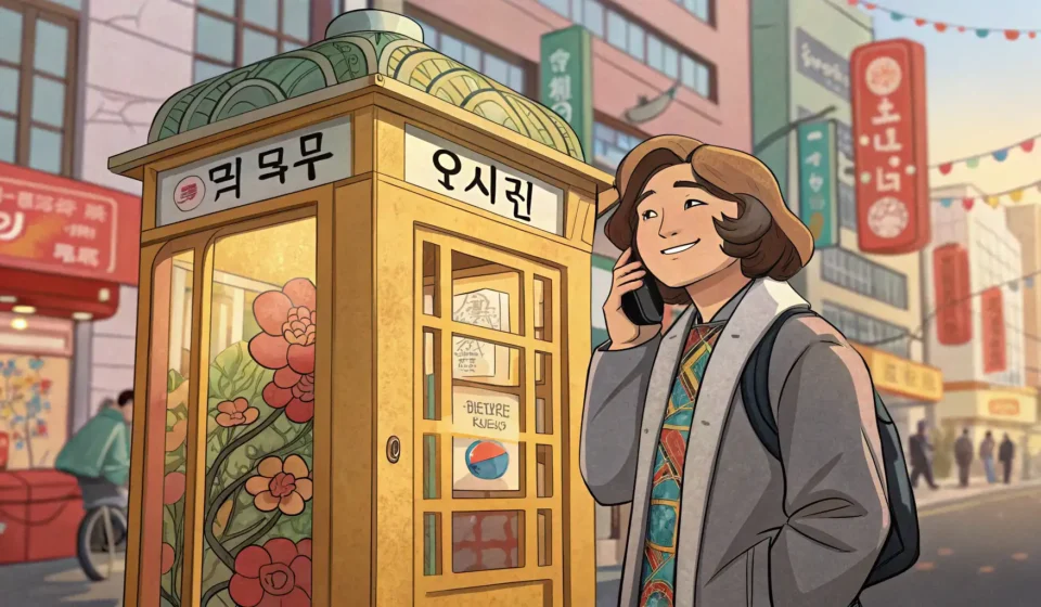 How to Ask How to Use a Public Phone in Korean Illustration of a person looking confused next to a Korean public phone booth, symbolizing how to as...