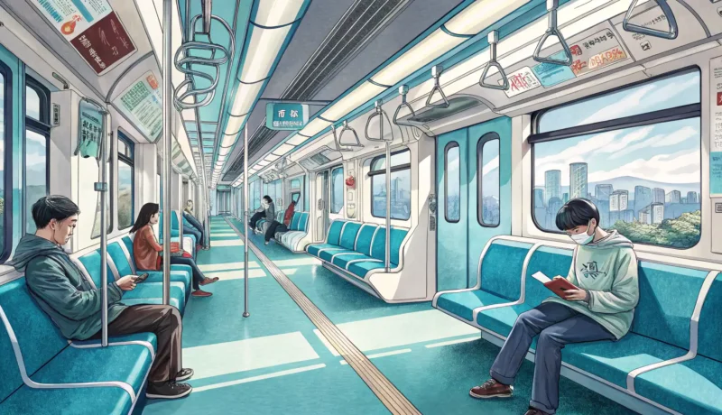 Asking Someone to Yield Their Seat on Public Transport in Korean Illustration of priority seats inside a Korean subway car, representing the topic of asking someone...