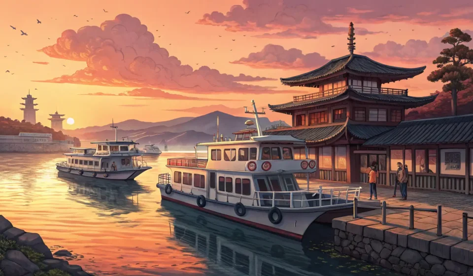 Finding a Quiet Spot to Watch Ferries in Korea Illustration of a peaceful Korean ferry terminal at sunset viewed from a quiet spot, symbolizing ask...