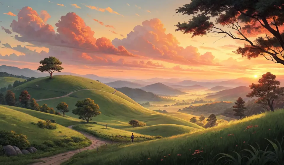 How to Ask for a Quiet Sunset Spot in Korean A tranquil Korean landscape bathed in the warm colors of a sunset glow, representing finding a quiet...