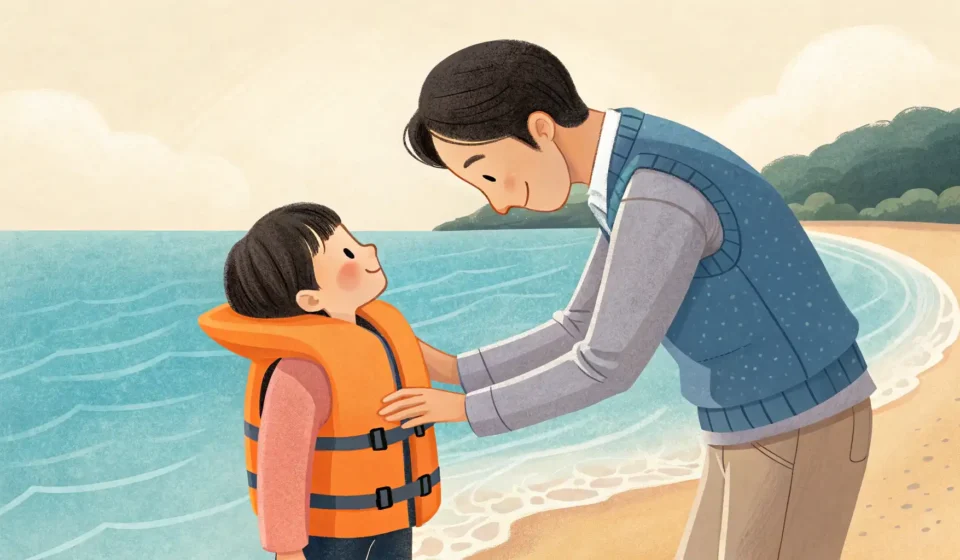 How a Parent Can Convince a Child to Wear a Life Vest in Korean Korean parent assisting a child with wearing a life vest by a river, preparing for a rafting trip, i...