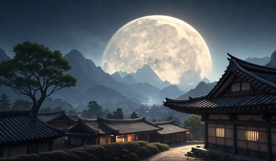 How to Ask About a Rare Moonrise View Spot in Korean A large moon rising over silhouetted Korean mountains and a traditional temple roof at twilight, rep...