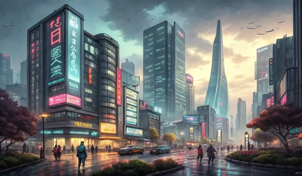 Understanding the Korean Real Estate Market A digital illustration depicting a modern Korean urban landscape with various types of residential b...