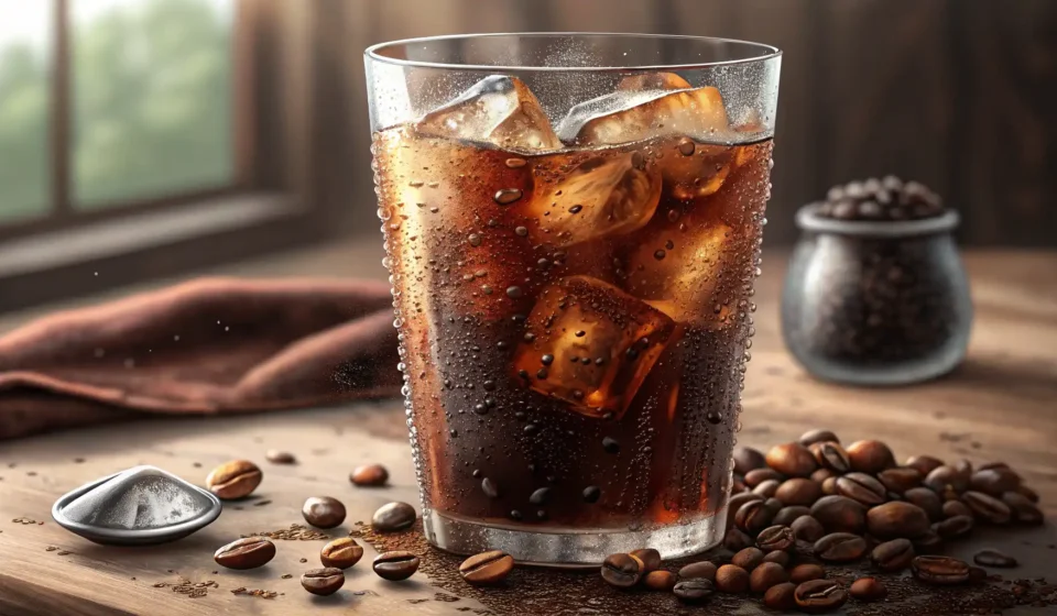 How to Recommend Cold Brew in Korean on a Hot Day Illustration of a refreshing glass of iced cold brew coffee with condensation on a counter in a brig...