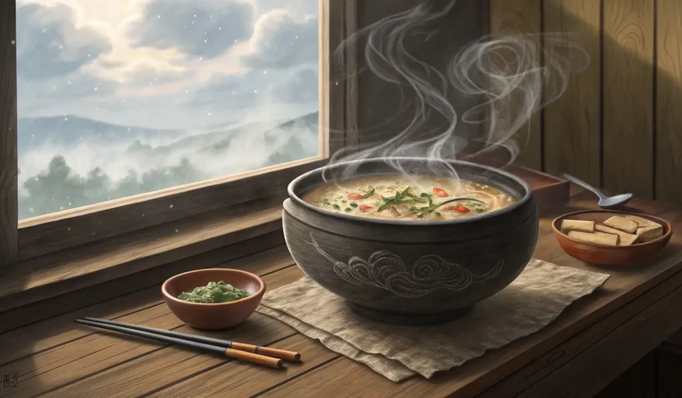Recommending Soup on a Snowy Night in Korean A steaming bowl of Korean soup sits by a window looking out onto a snowy night scene, symbolizing re...