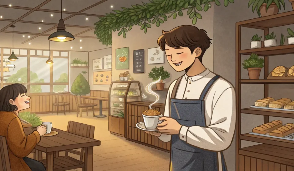 How to Recommend Herbal Tea for a Headache in Korean A Korean barista in a cafe offers a steaming cup of herbal tea to a customer who looks unwell with a...