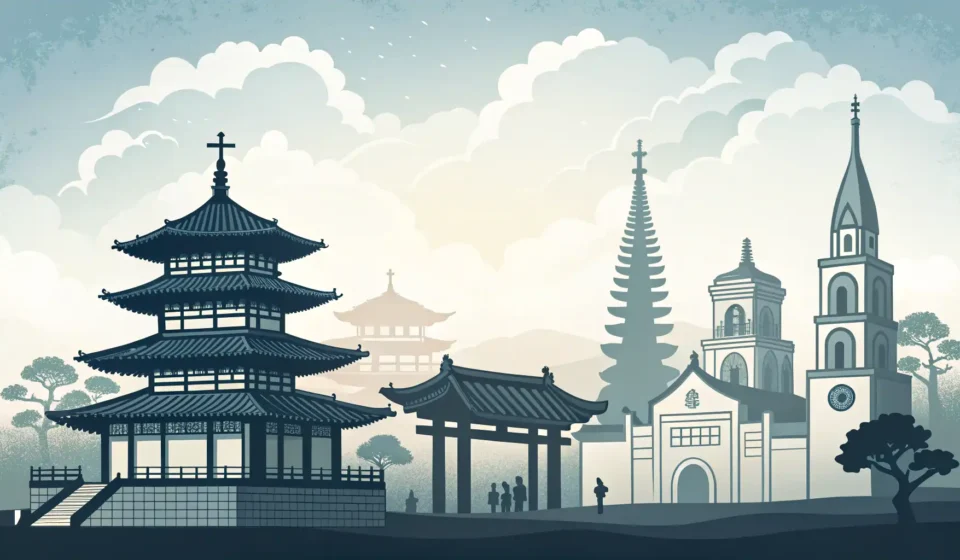 How to Say Religious Organization in Korean Silhouettes of diverse Korean religious buildings like a temple and church, representing the concept...