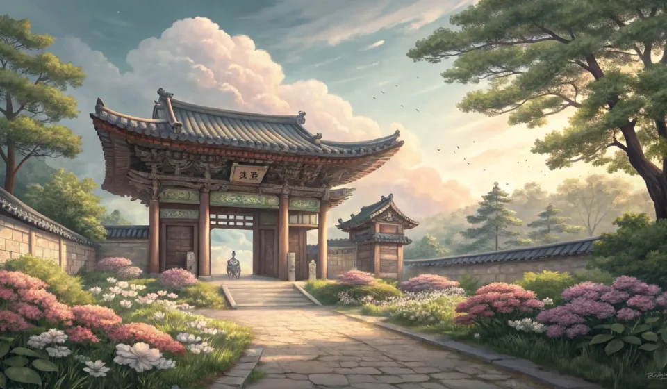 Learning Etiquette for Visiting Religious Facilities in Korea Entrances of a traditional Korean temple and a modern Korean church side-by-side, symbolizing etique...