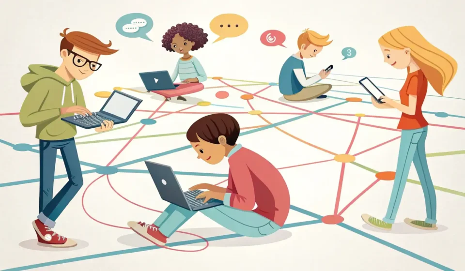 How to Say Remote Collaboration in Korean Illustration of diverse people connected via digital lines over a map of South Korea, symbolizing re...