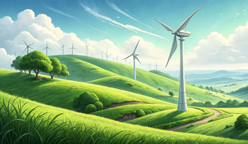 How to Say Renewable Energy in Korean Illustration of wind turbines on green hills under a bright sun, representing the concept of renewab...