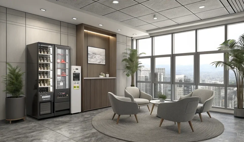 Reporting a Broken Vending Machine in Korean Illustration depicting a Korean office worker reporting a malfunctioning vending machine in a lounge...