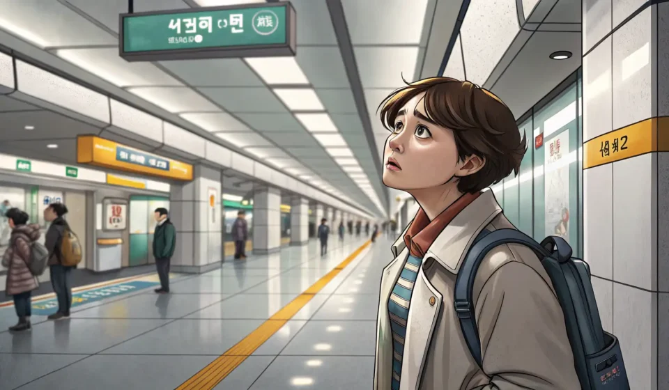 Reporting a Lost Phone in Korean Person looking worried while searching on a Korean subway platform, illustrating the concept of repo...