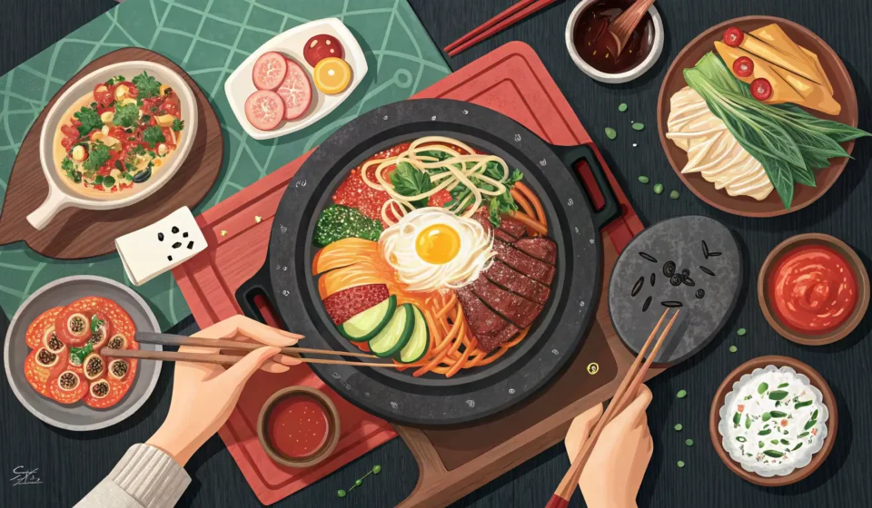 How to Place Additional Orders at a Korean Restaurant Illustration showing hands adding a small dish to a table laden with Korean food in a restaurant, sy...
