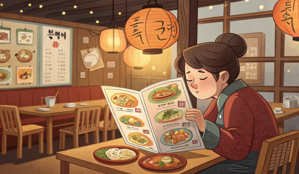 Asking for Menu Recommendations in Korean Restaurants Illustration of a customer considering a menu in a Korean restaurant while a waiter gestures helpful...