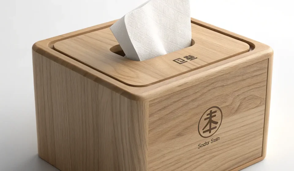 Handling Napkin Requests in Korean Restaurants Close-up of a wooden napkin dispenser on a table in a Korean restaurant setting, symbolizing service...
