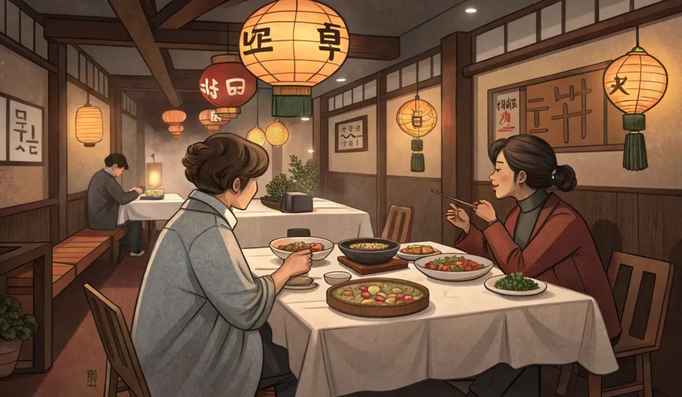 How to Ask Someone to Be Quiet in a Korean Restaurant Interior of a Korean restaurant showing two people trying to converse politely at a table, illustrat...