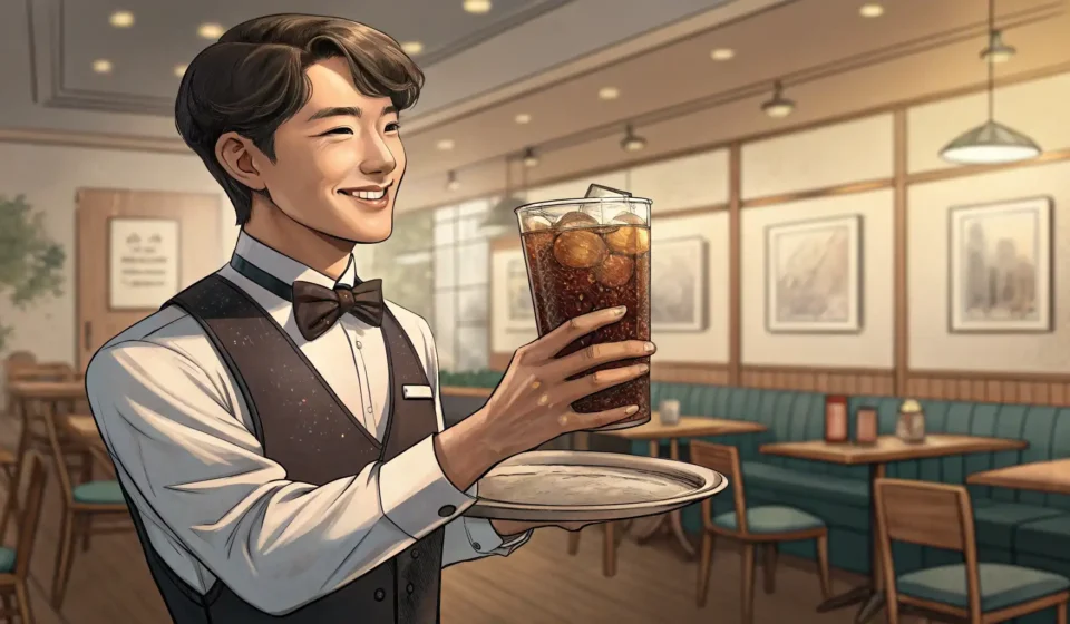 Handling Customer Requests: The Case of the Colder Soda in Korean Close-up of a Korean waiter's hand offering a very frosty glass of soda with ice cubes and condensat...