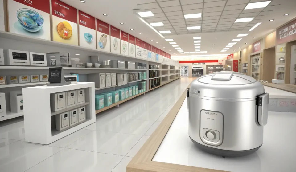 Asking About a Rice Cooker Warranty in Korean A sleek, modern rice cooker prominently displayed on a shelf in a bright Korean electronics store, r...