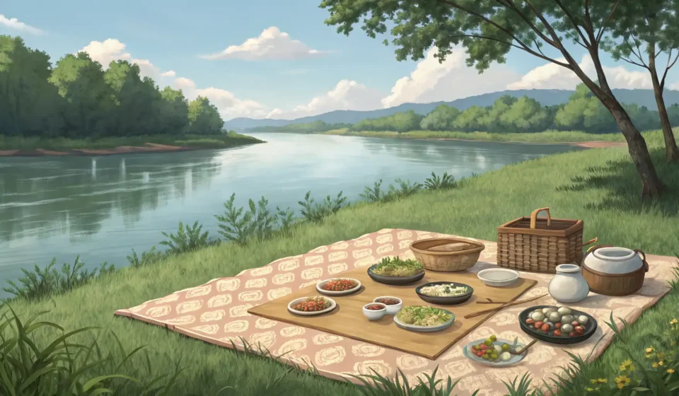 Asking for a Quiet Picnic Spot by the River in Korean A peaceful Korean riverside picnic scene featuring a traditional mat (dotjari) with food spread out...