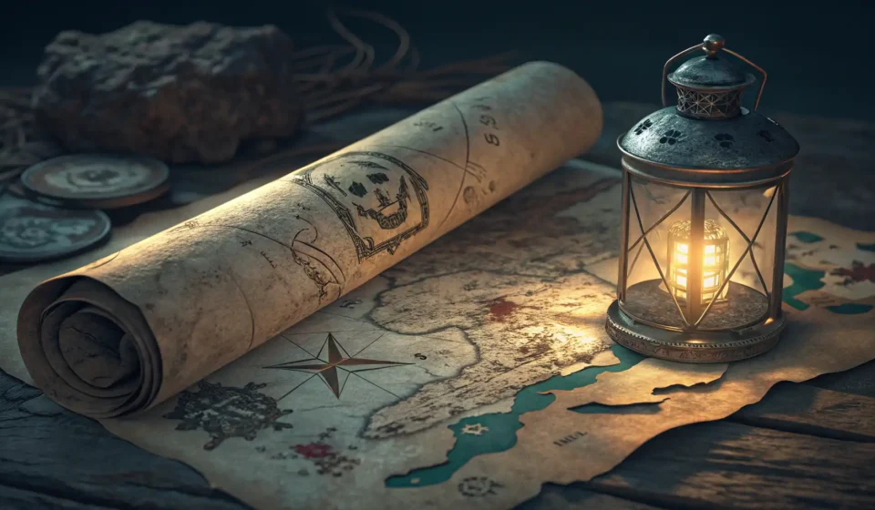 How to Roleplay a Mermaid Negotiating with a Pirate in Korean Illustration of a treasure map and pearls symbolizing negotiation, representing a Korean language le...